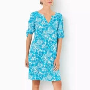 This dress is the Easley Short Sleeve Dress Amalfi Blue Sunny State of Mind